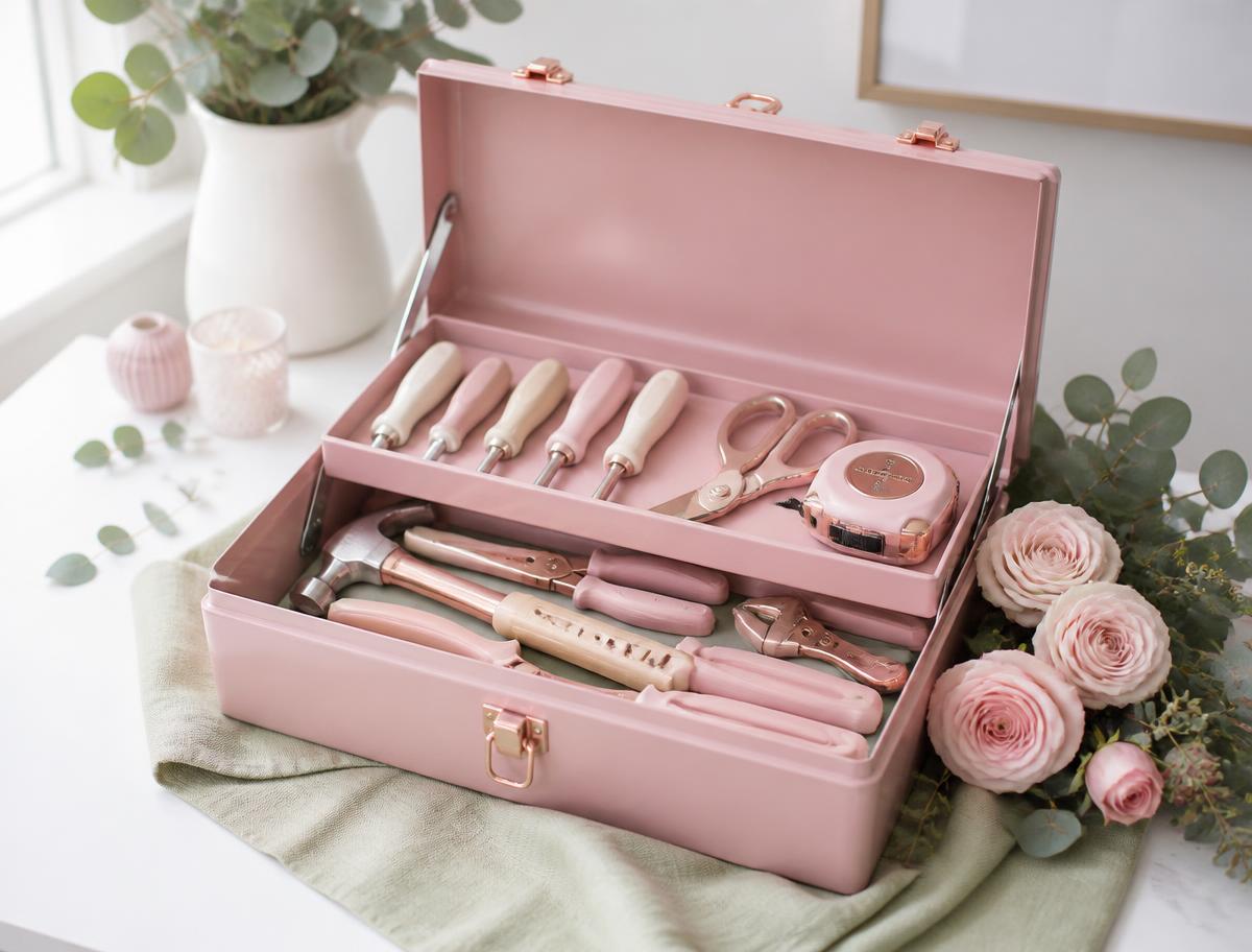A pretty dusty-rose toolbox filled with rose gold and blush tools