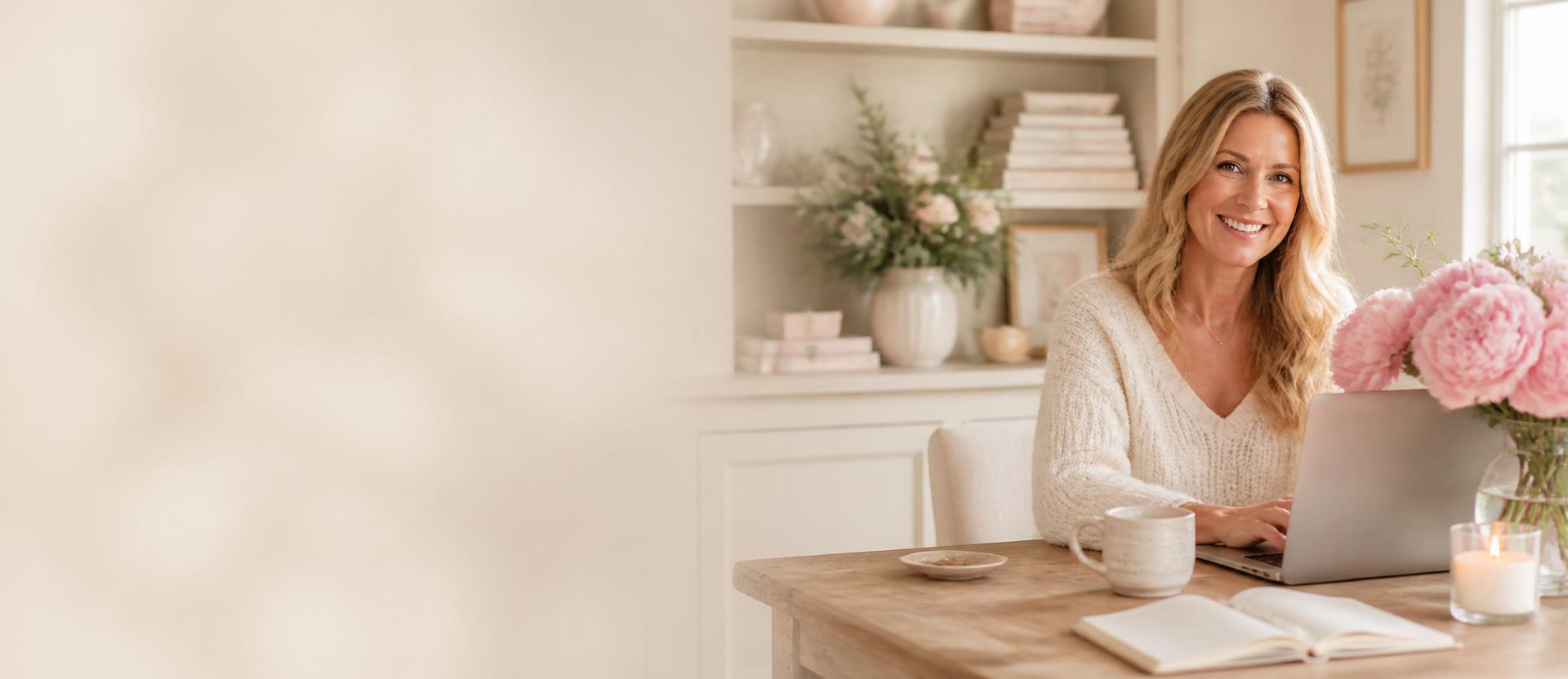 Smiling woman working from her elegant home office with pink peonies