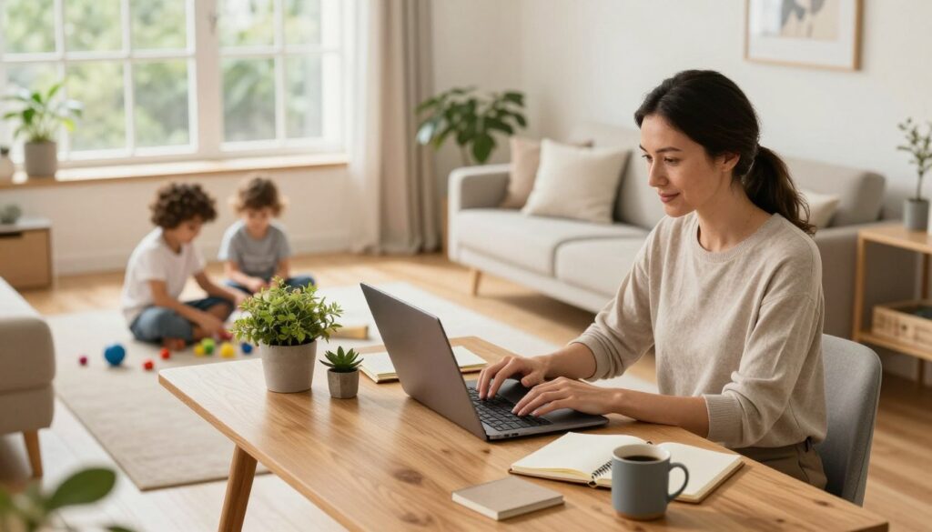 A cozy home office setup, featuring a mother in modest casual attire, intently working on her laptop at a stylish wooden desk. In the foreground, a cluttered yet organized workspace includes a notebook, plants, and a coffee mug. In the middle ground, children play quietly on the floor with toys and books, creating a warm family atmosphere. The background reveals a well-lit room with large windows allowing natural light to flood in, showcasing a view of greenery outside. Soft, warm lighting enhances the inviting mood. The scene conveys a sense of balance between work and family life, emphasizing the theme of effective homeworking. The branding "WAHMN" is subtly integrated into the decor, reinforcing the focus on working moms.