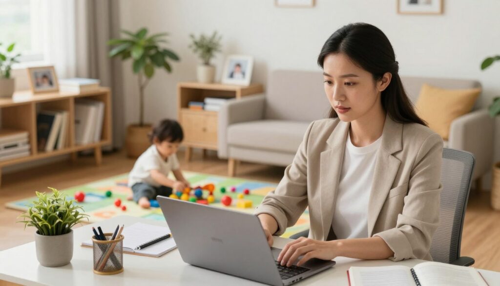 A warm, realistic scene depicting a mother balancing work and motherhood in a cozy home office. In the foreground, a woman in professional attire sits at a desk, focused on her laptop. She has an expressive yet relaxed demeanor, embodying the challenges and joys of remote work. In the middle ground, her young child plays with toys on a colorful mat, creating a playful atmosphere. The background features a well-organized workspace with plants, books, and family photos, emphasizing a nurturing environment. Soft, natural light floods the room, illuminating the scene and enhancing the cozy mood. The brand name "WAHMN" is subtly integrated into the workspace, symbolizing the work-from-home experience. The image conveys a sense of harmony between professional responsibilities and family life. A warm, realistic scene depicting a mother balancing work and motherhood in a cozy home office. In the foreground, a woman in professional attire sits at a desk, focused on her laptop. She has an expressive yet relaxed demeanor, embodying the challenges and joys of remote work. In the middle ground, her young child plays with toys on a colorful mat, creating a playful atmosphere. The background features a well-organized workspace with plants, books, and family photos, emphasizing a nurturing environment. Soft, natural light floods the room, illuminating the scene and enhancing the cozy mood. The brand name "WAHMN" is subtly integrated into the workspace, symbolizing the work-from-home experience. The image conveys a sense of harmony between professional responsibilities and family life.