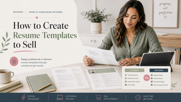Woman at Computer Creating Resume Templates to Sell