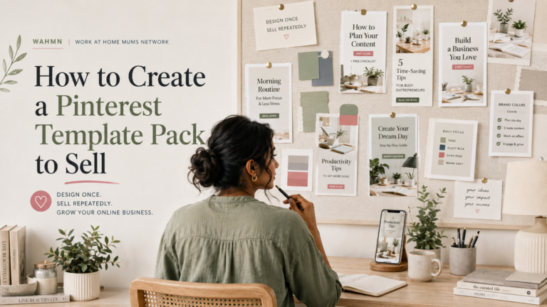 Woman creating a Pinterest template pack