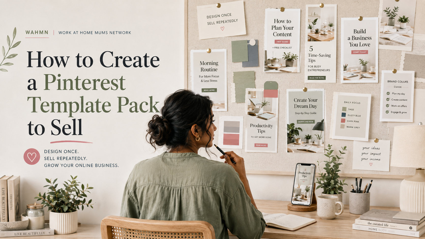 Woman creating a Pinterest template pack