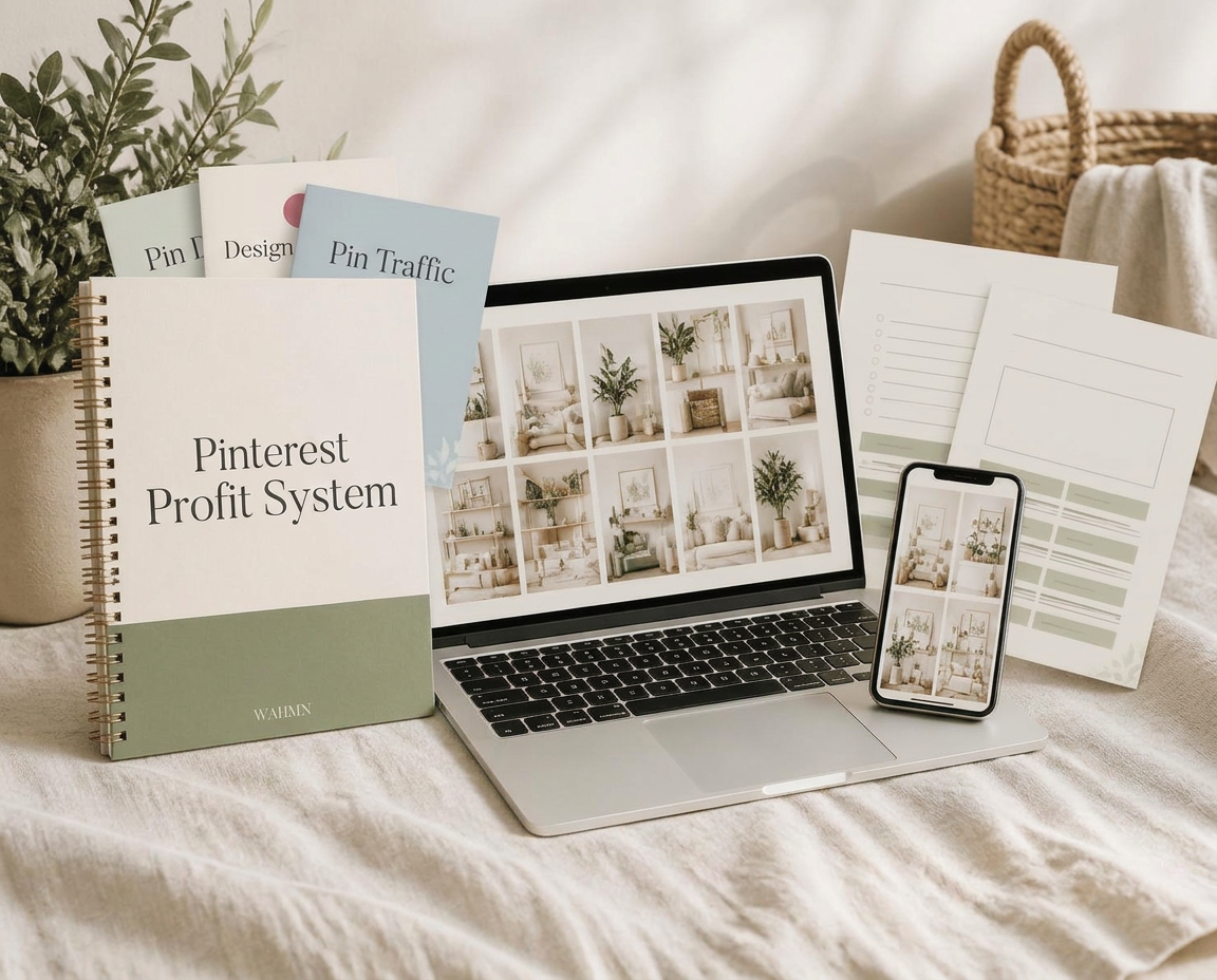 Pinterest Profit System workbook, laptop and phone showing the course materials