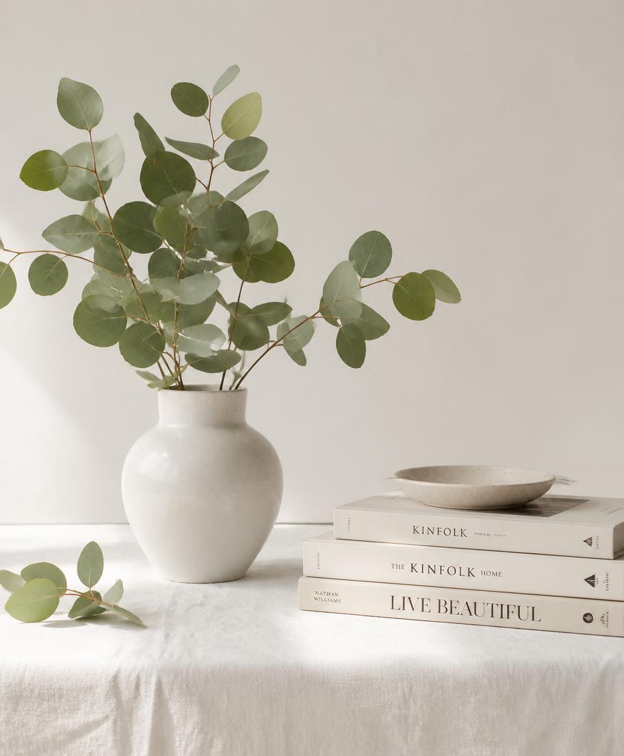 Eucalyptus in a ceramic vase beside a stack of neutral books