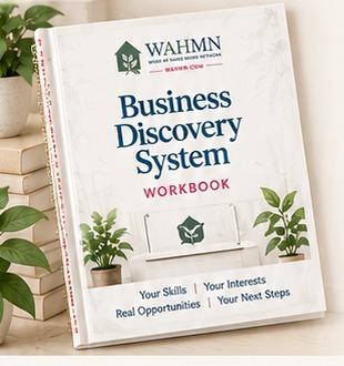 Business Discovery System workbook resting against stacked books and green plants