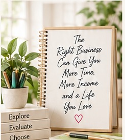 Framed print reading The Right Business Can Give You More Time, More Income and a Life You Love, beside plants and books