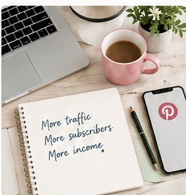 Home-business workspace with laptop, coffee and a Pinterest planning notebook.