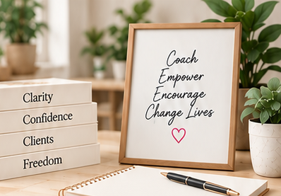 Clarity, Confidence, Clients, Freedom books with framed coaching print