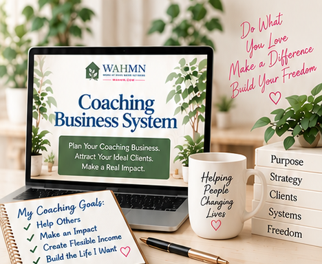 Coaching Business System course on a laptop with coaching goals journal and mug