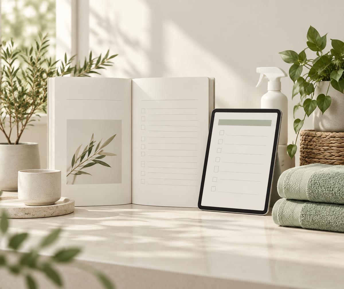 Cleaning Business Blueprint workbook and tablet checklist on a bright counter with plants and folded towels