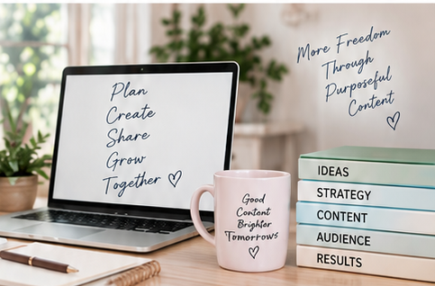Laptop showing Plan, Create, Share, Grow, Together beside a mug and a stack of books labeled Ideas, Strategy, Content, Audience, Results