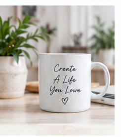 Mug on a desk with the words Create A Life You Love