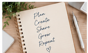 Notebook with the words Plan Create Share Grow Repeat