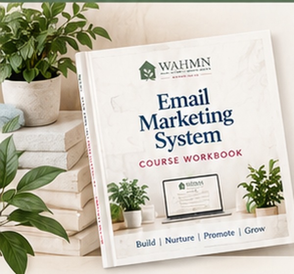 Email Marketing System course workbook standing beside books and green plants