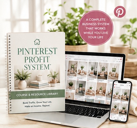 Pinterest Profit System course materials shown beside a laptop and phone displaying Pinterest content.