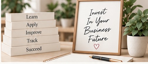 Learn, Apply, Improve, Track, Succeed books with framed Invest In Your Business Future print
