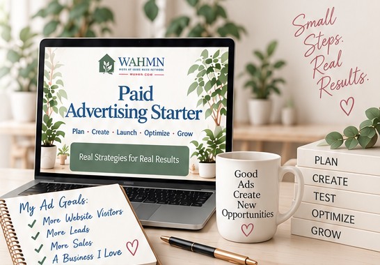 Paid Advertising Starter course on a laptop with ad goals journal, mug, and plan-create-test-optimize-grow books