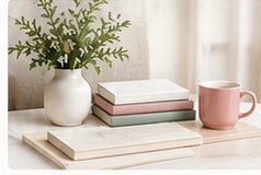 Books, plant and mug in the soft WAHMN color palette.