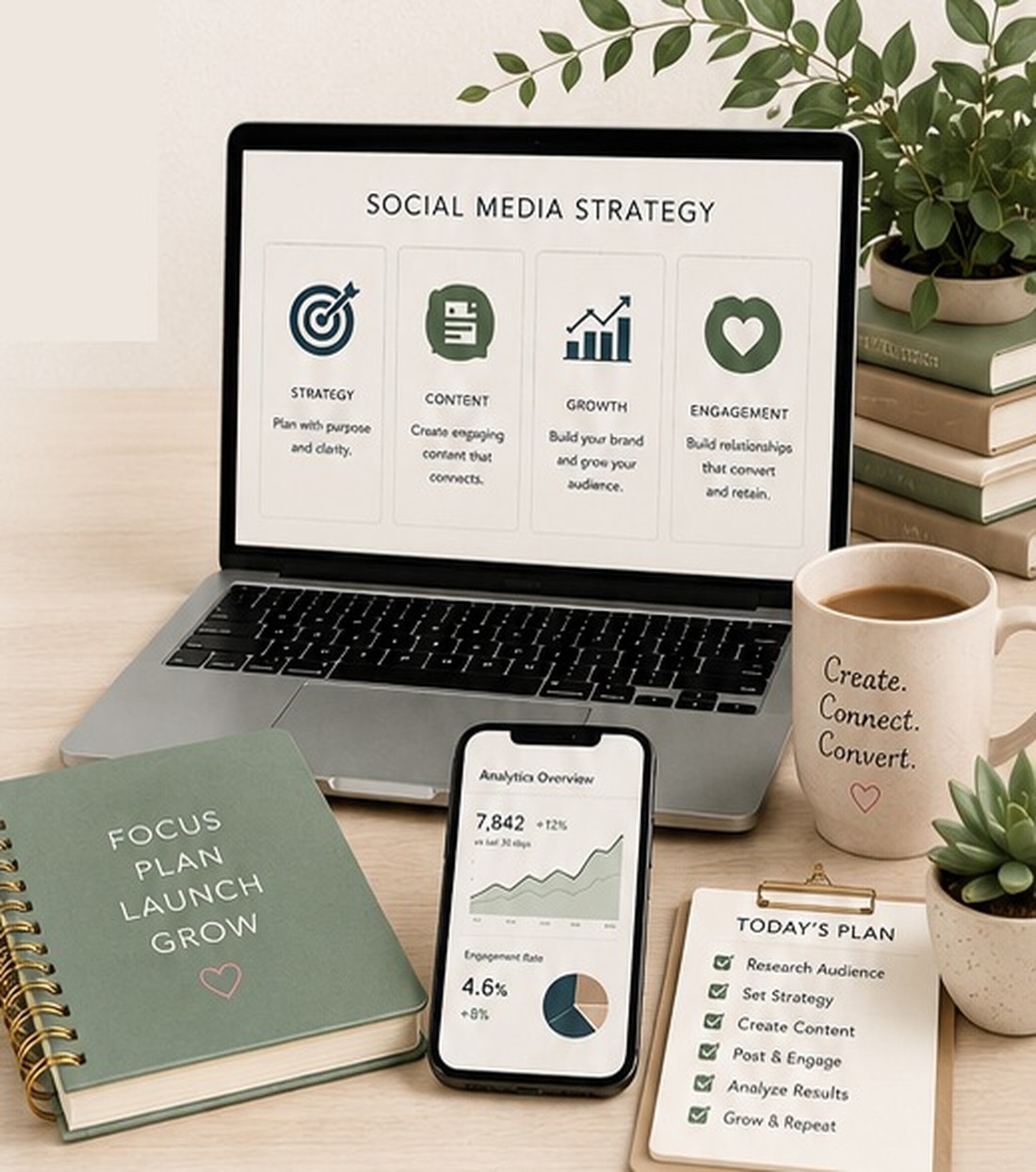 Social media strategy dashboard on a laptop with planner, phone analytics and a daily plan checklist