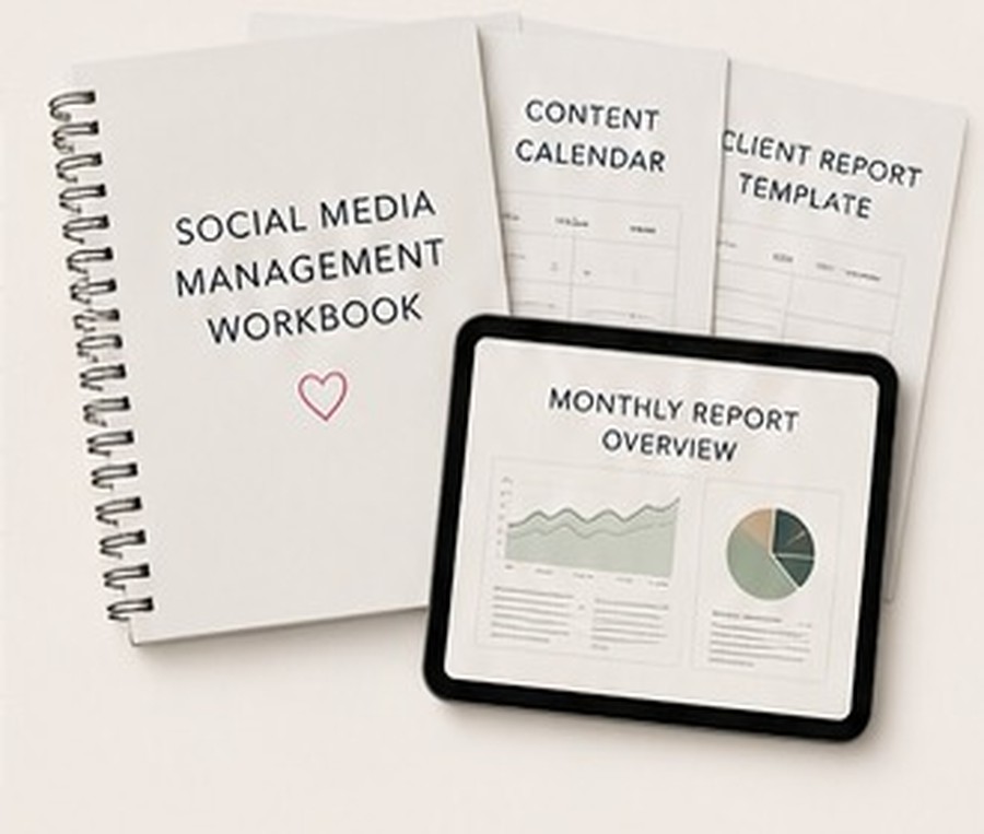 Social media management workbook, content calendar, client report template and monthly report dashboard