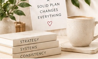 Stack of planning books beside a coffee mug and greenery