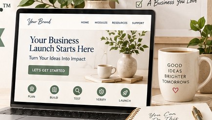 Laptop showing a business launch website on a bright home-office desk