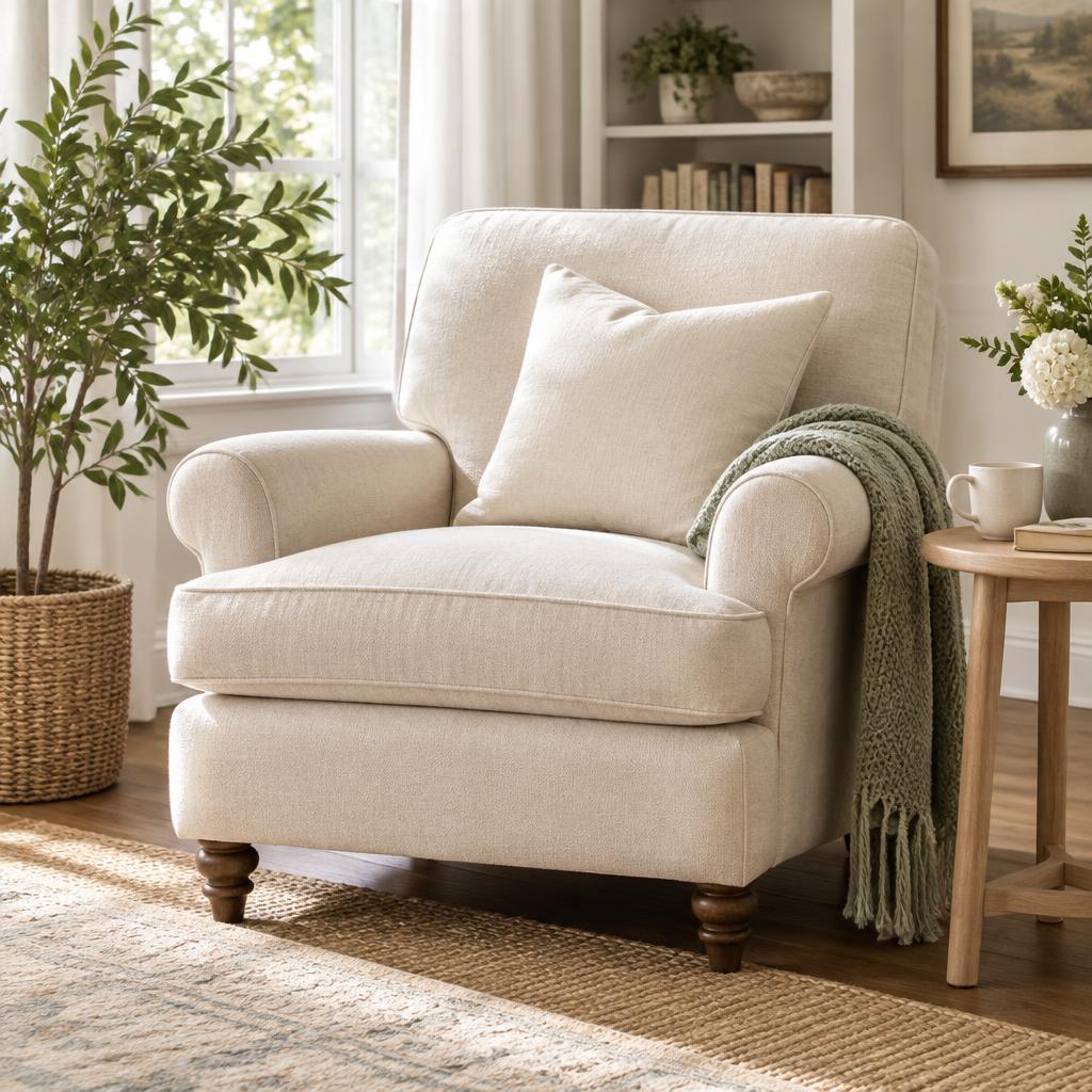 A comfortable armchair beside a plant in a bright home